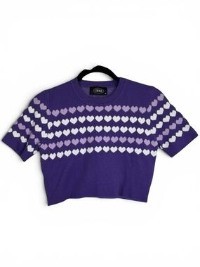 Cider Purple Heart Pattern Short Sleeve Knit Crop Sweater Top - Size XL